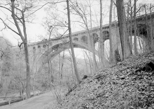 [Walnut Lane Bridge from Forbidden Drive, Philadelphia, looking at the west face of the bridge]
